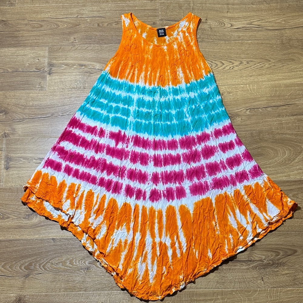 Seven Islands Tie Dye Swing Dress Asymmetrical Hem Boho Beach Coverup One Size